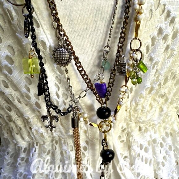 Silver statement  multi  charms necklace with big solar quartz layered - Picture 1 of 3